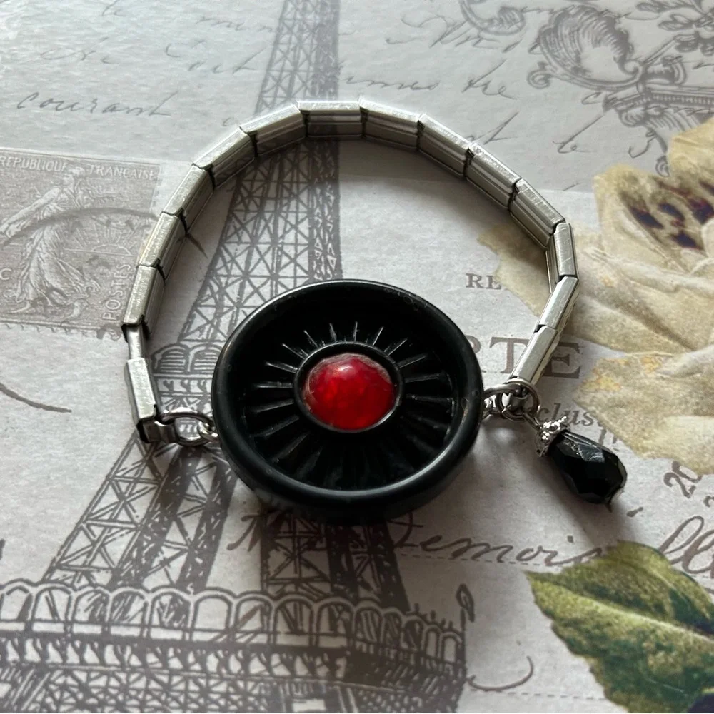 VINTAGE OLD PLASTIC BUTTON & Watch band repurposed into BRACELET